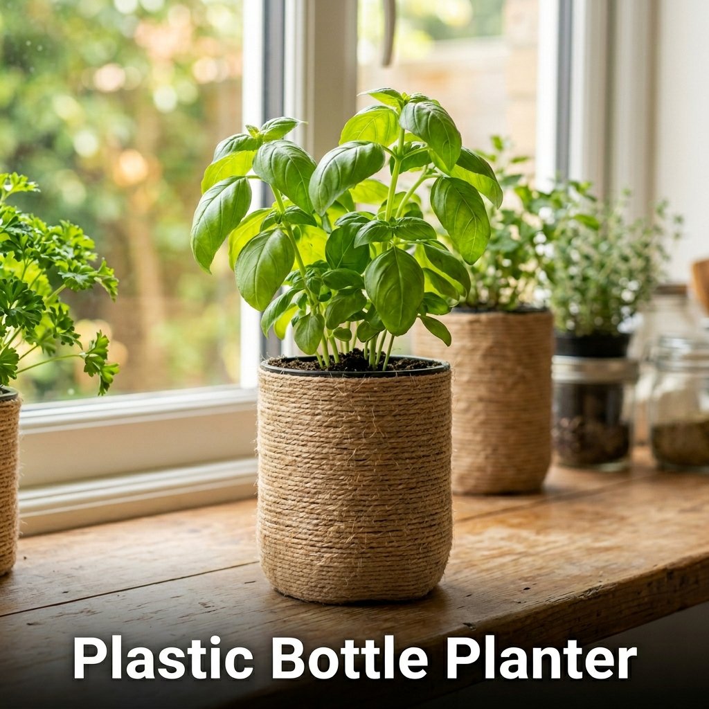 A clean, horizontal 2-liter plastic bottle section transformed into a windowsill planter, neatly wrapped in natural jute twine and holding a small green succulent