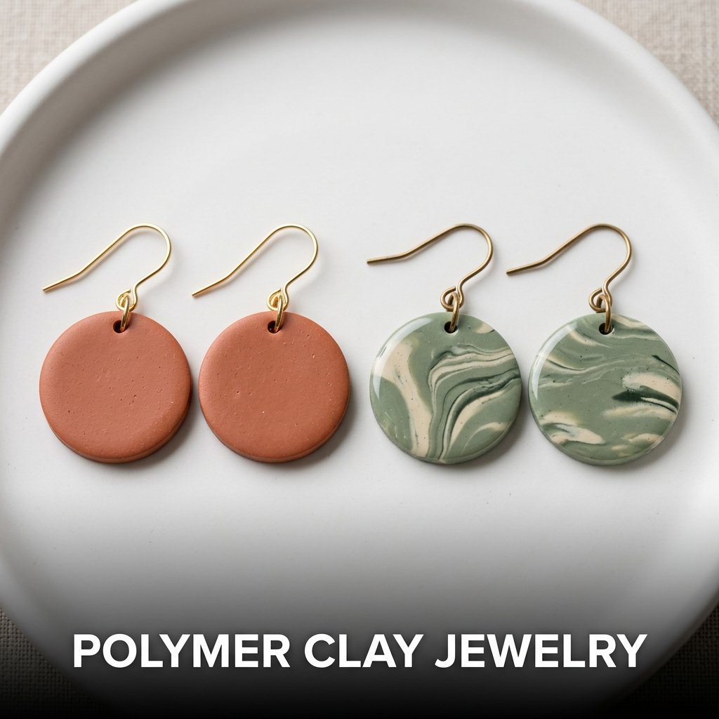 Polymer clay jewelry with handmade earrings and colorful clay accessory details