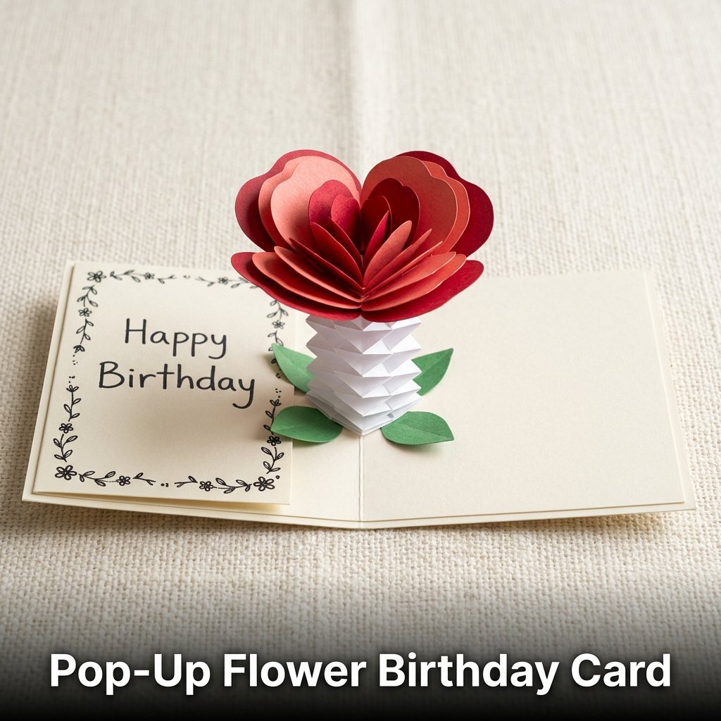 An open greeting card revealing a three-dimensional pink paper flower that pops up dynamically from the center fold