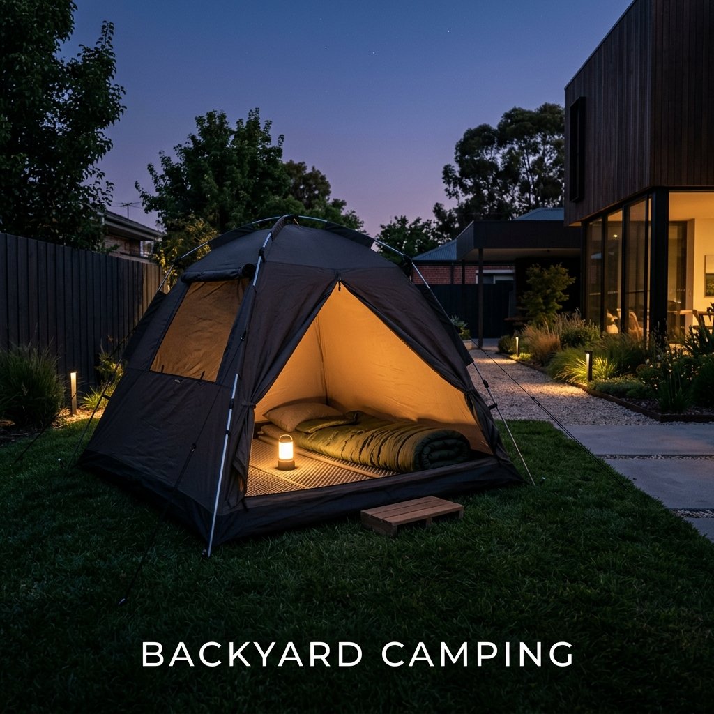 A small blue pop-up tent pitched on green backyard grass at dusk, lit from the inside by the warm glow of a battery-powered lantern
