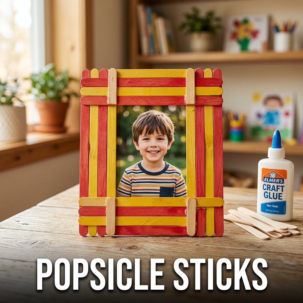 A bundle of smooth, natural wooden popsicle sticks secured with a rubber band next to several brightly painted colored craft sticks