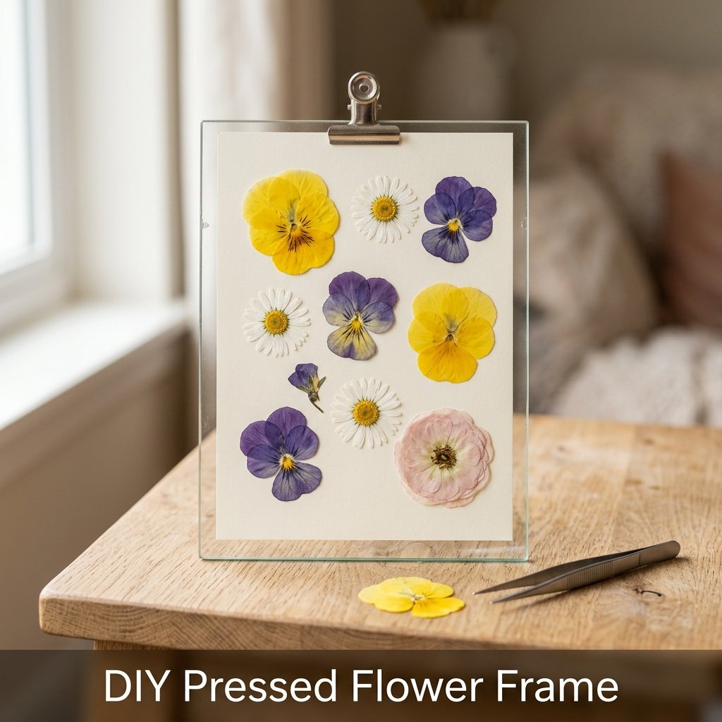 A clear glass clip frame displaying a delicate artistic arrangement of real dried pansies and ferns against cream cardstock