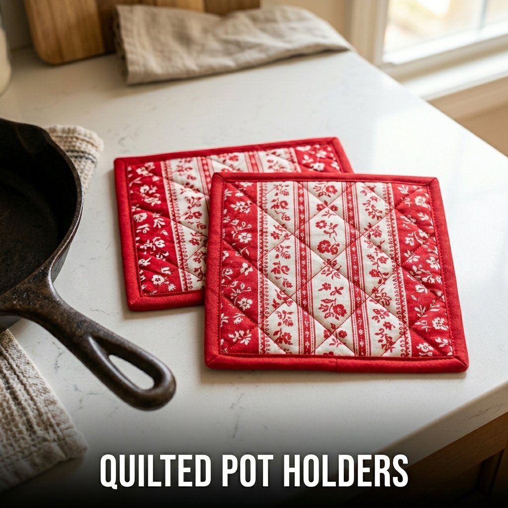 Quilted pot holders with padded fabric layers and handmade kitchen accessory design