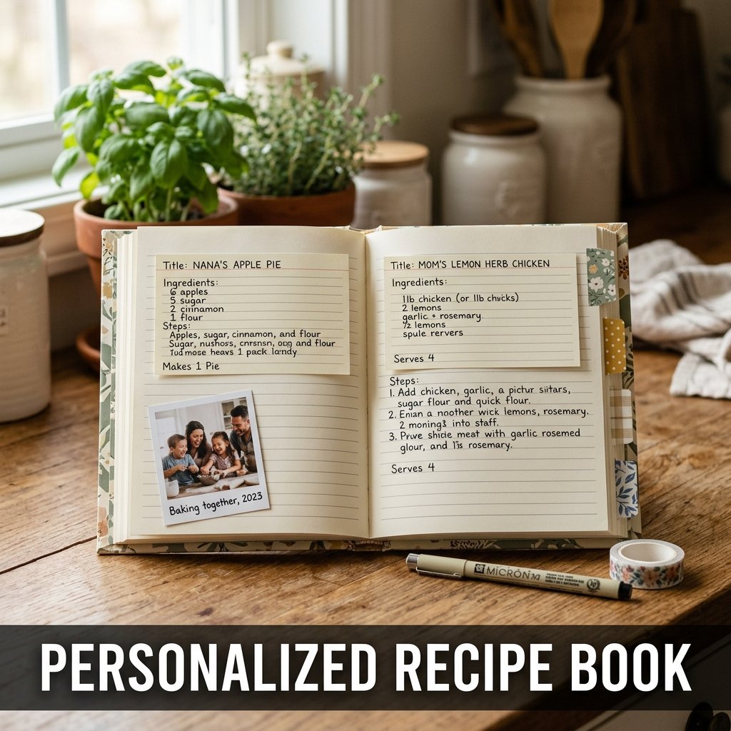 A hardcover journal open to a beautifully handwritten family recipe page decorated with small kitchen doodles