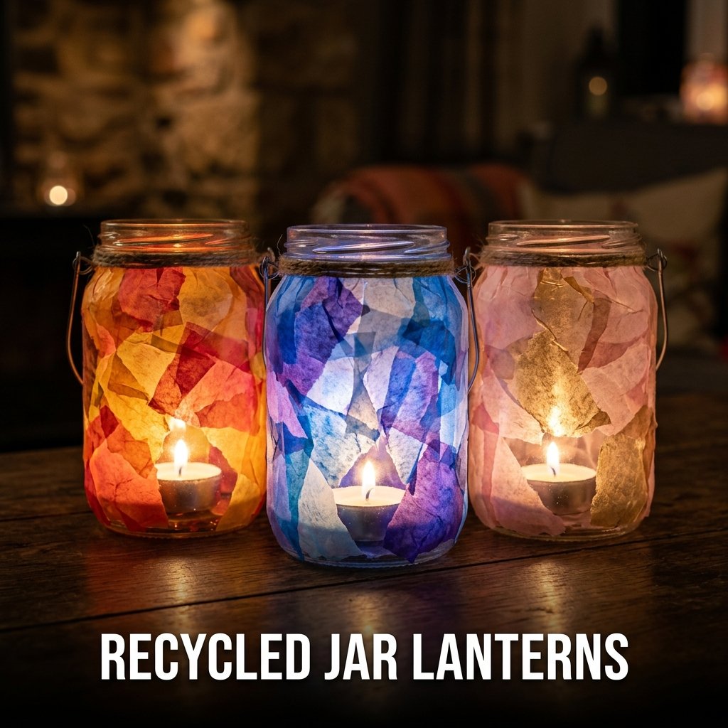 Recycled jar lanterns with tissue paper decoration and glowing handmade craft design