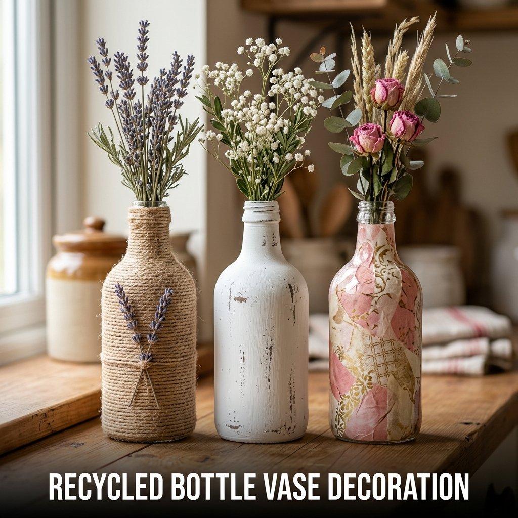 Recycled bottle vase decoration with twine wrapping and rustic handmade decor style