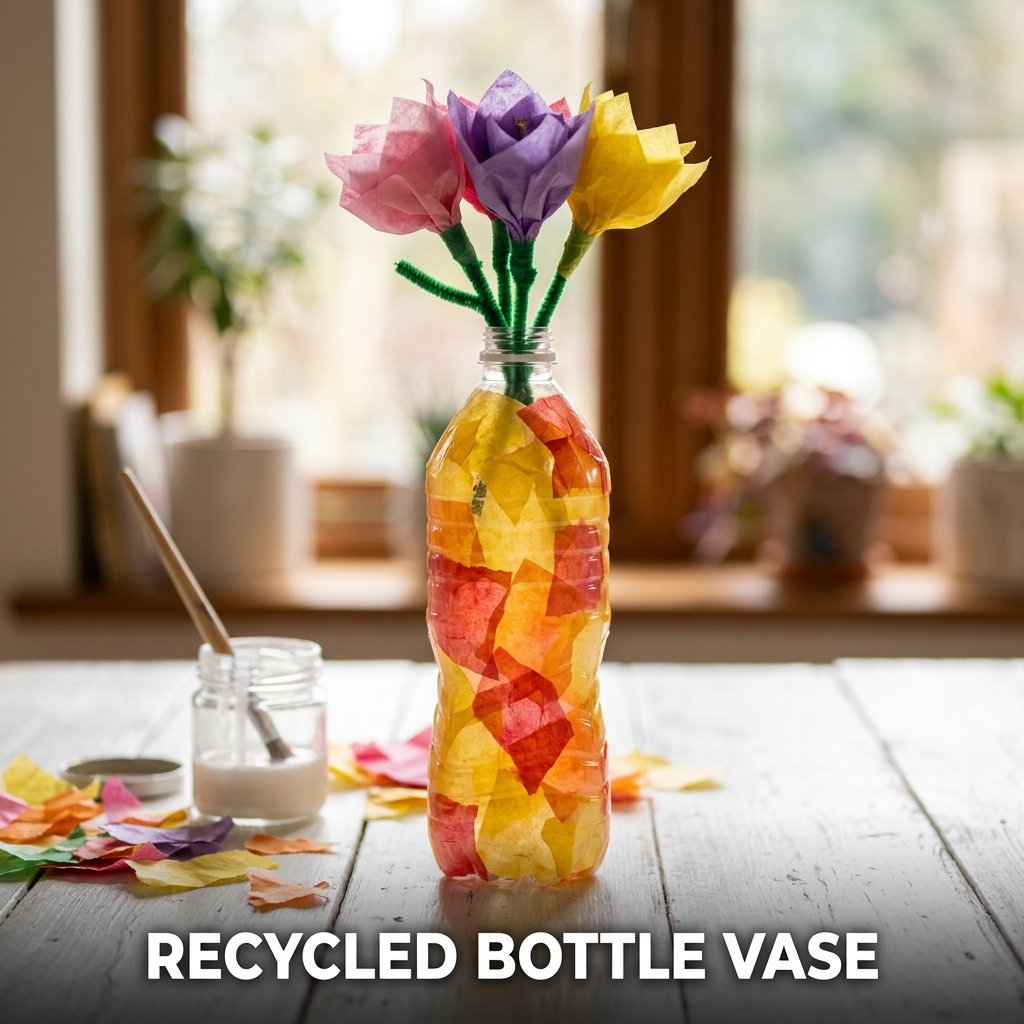A plastic water bottle completely decoupaged with overlapping layers of vibrant tissue paper, holding a handmade tissue paper flower