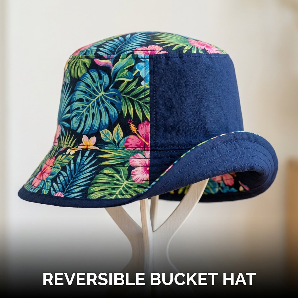 Reversible bucket hat with double-sided fabric design and stylish handmade accessory