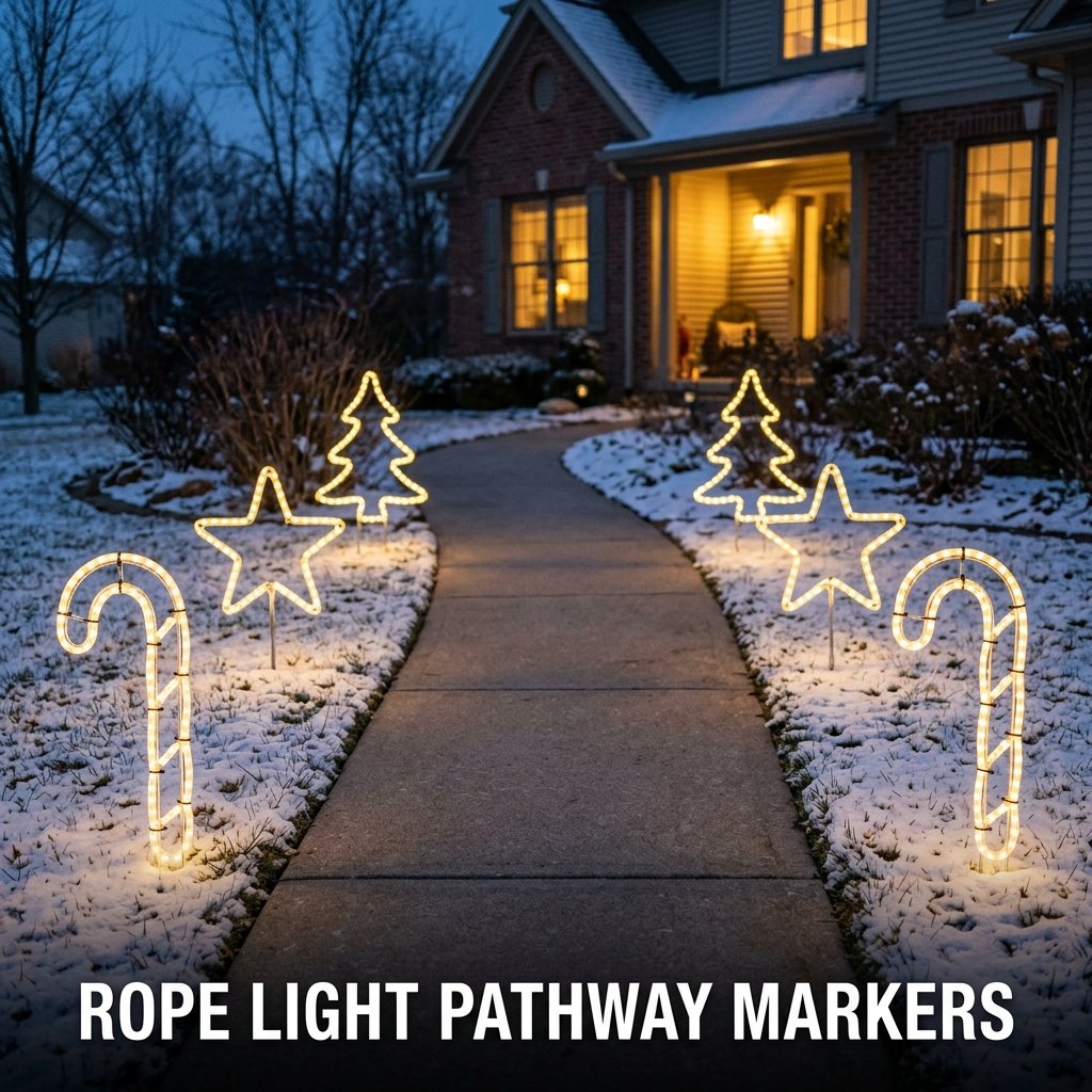 Elegant glowing star and candy cane shapes formed from flexible LED rope lights pushed securely into the soil alongside a driveway