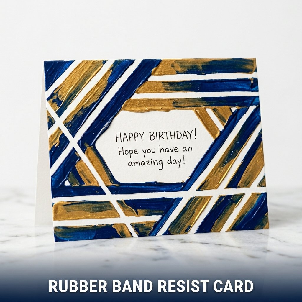 A geometric abstract card design featuring crisp white lines created by a rubber band paint-resist technique over bold blue and gold acrylic brushstrokes