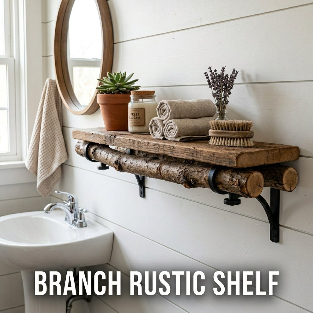 A charming small bathroom shelf made of a flat wooden plank supported from below by two thick parallel tree branches screwed into the wall