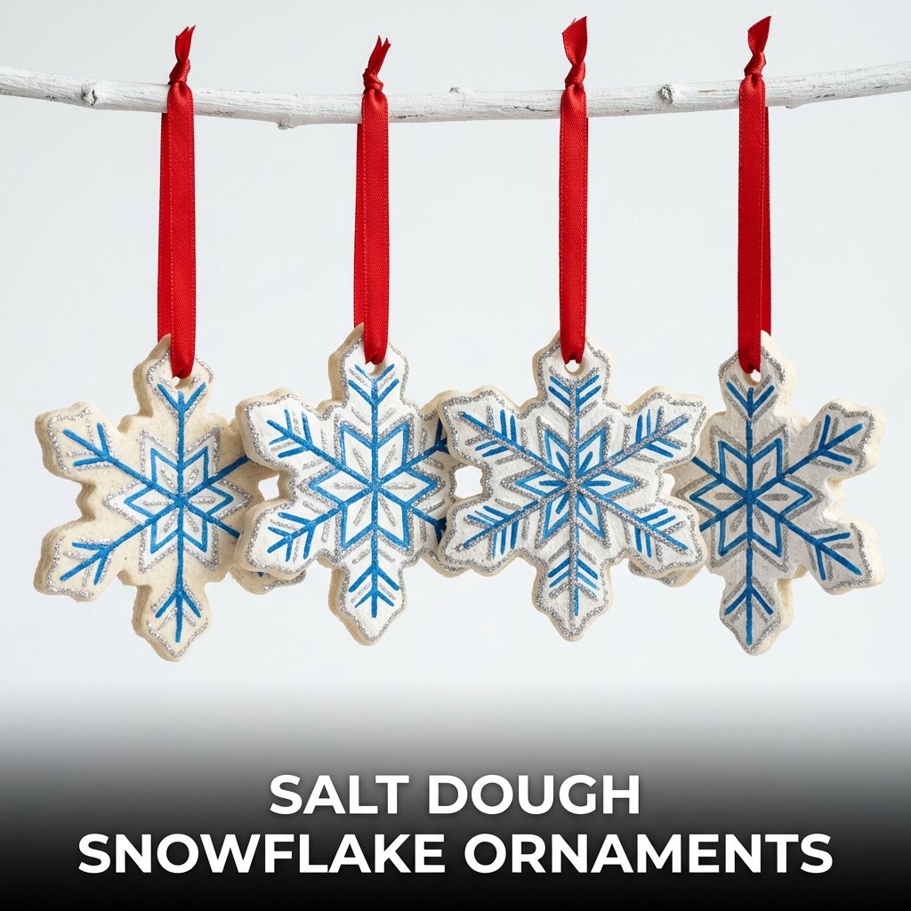 Hard-baked star-shaped dough ornaments painted in blue and white with silver glitter accents