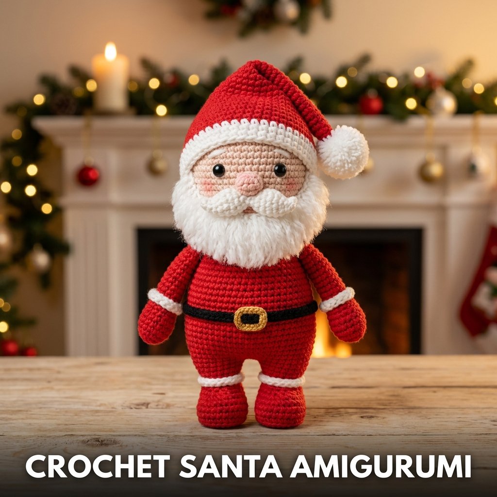 A small, stuffed 3D crochet Santa Claus figurine with a white beard and a red pointed hat