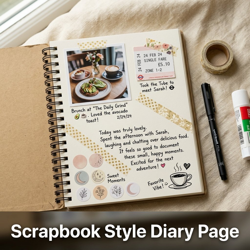 A colorful, textured mixed-media diary page arranged with printed photos, patterned paper scraps, star stickers, and short handwritten captions