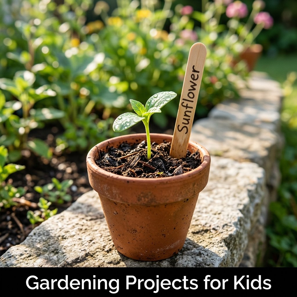 A close-up of a child's dirt-stained hands using a small green plastic trowel to pat down soil around a tiny green sprout in a clay pot