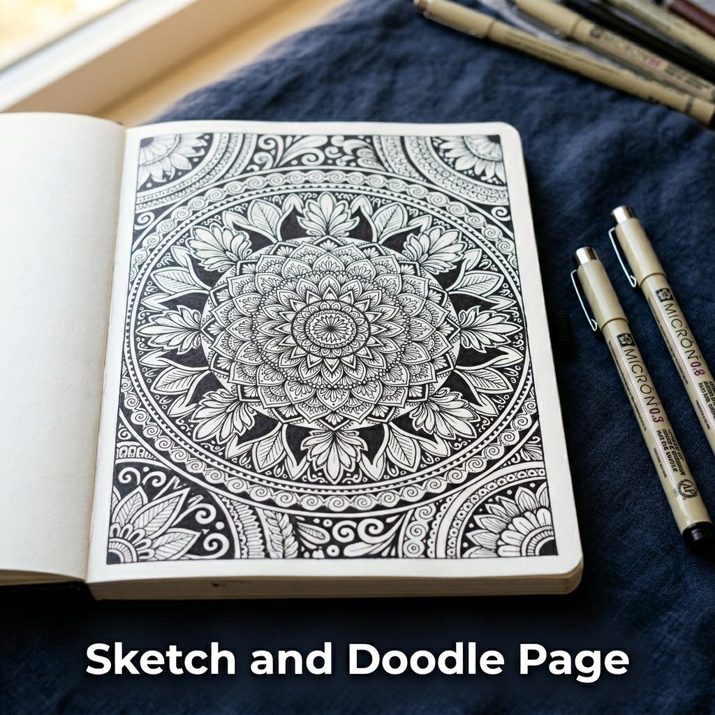 An artistic journal page completely filled with detailed black fineliner mandala designs and botanical patterns without any text