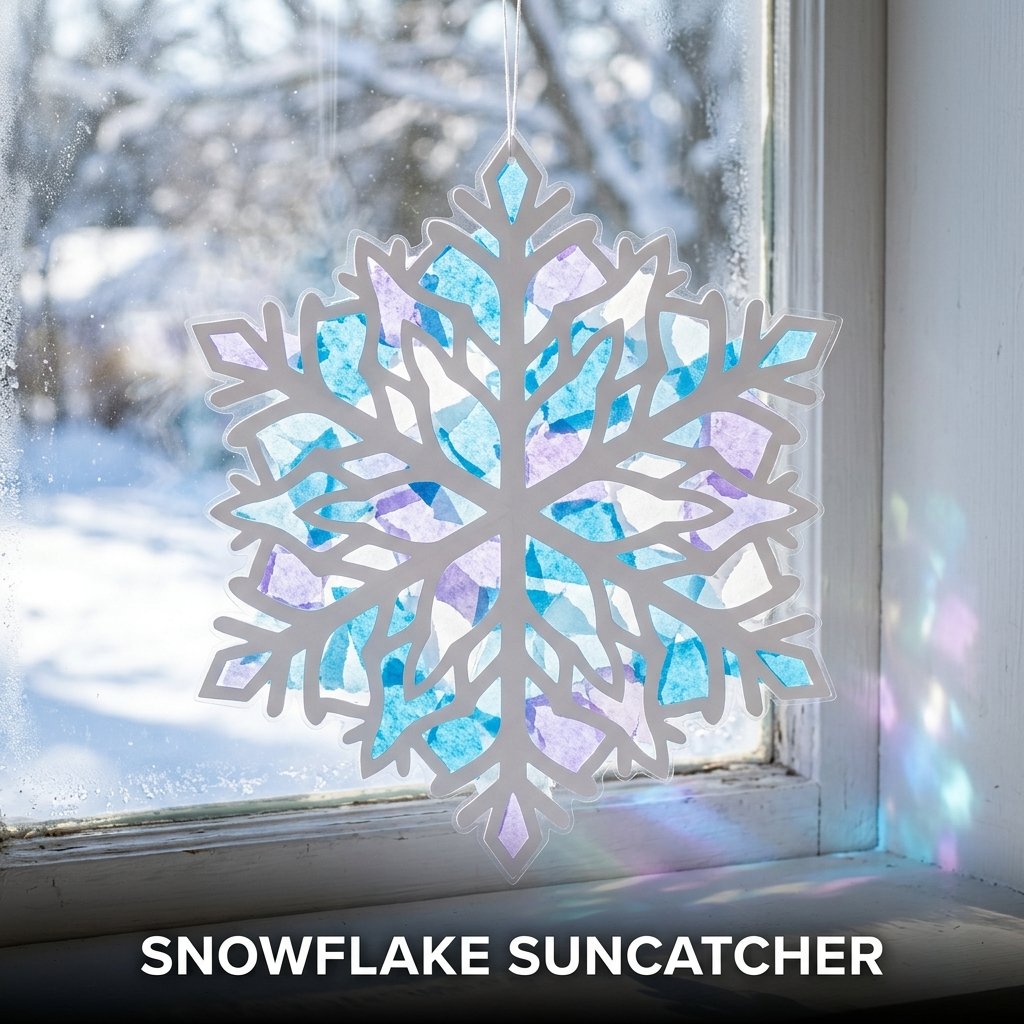 A translucent snowflake window hanging made of colorful tissue paper trapped between clear contact paper