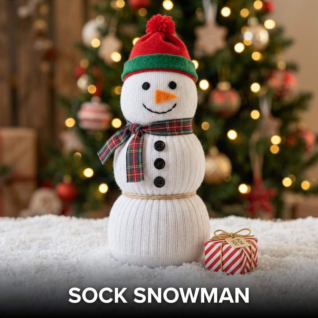 A plush snowman made from a white rice-filled sock, tied with elastic bands and wearing a colorful fabric scarf