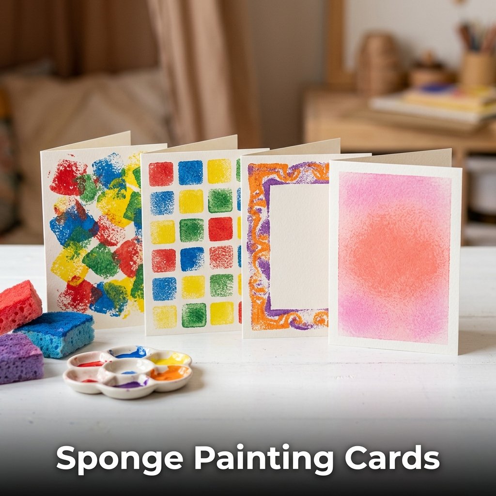 A textured birthday greeting card featuring an abstract pattern of overlapping blue, teal, and gold acrylic square sponge prints