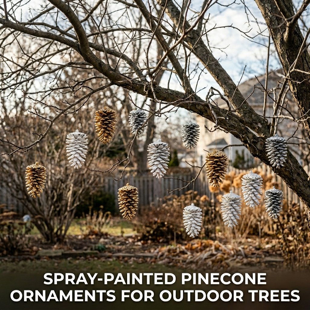 Large natural pinecones coated in metallic gold and shimmering silver paint hanging from bare winter tree branches by thin green floral wire