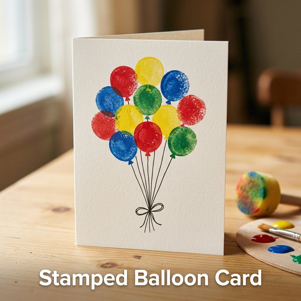 A festive card featuring a colorful bunch of stamped sponge circles acting as balloons, complete with hand-drawn fine black string details