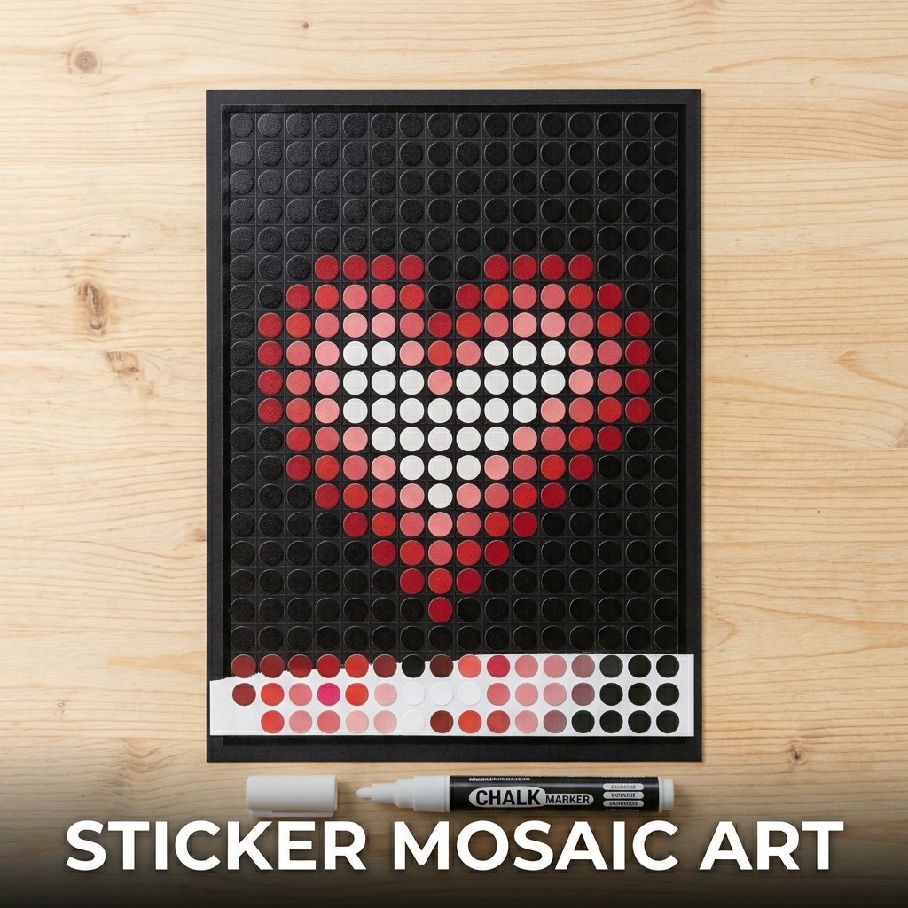 A detailed pixelated heart design meticulously assembled on black cardstock using rows of small, round red dot stickers
