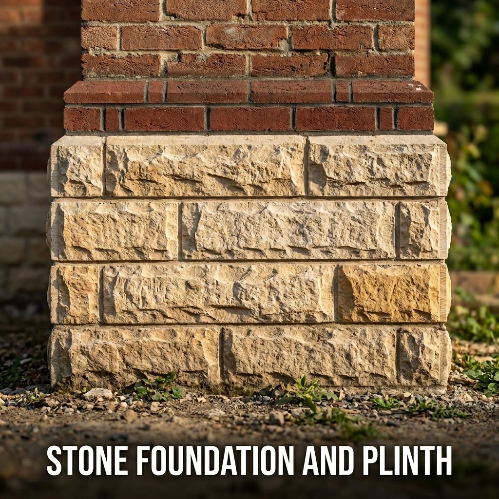 A sturdy, elevated house base constructed from rough-hewn, hammer-dressed grey limestone blocks showing two protective rows of engineering bricks at the top