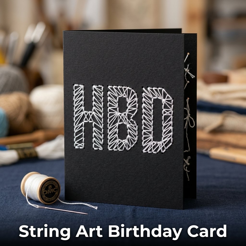 A geometric greeting card featuring the letters HBD neatly woven out of bright red embroidery thread through tiny punched holes on black cardstock.