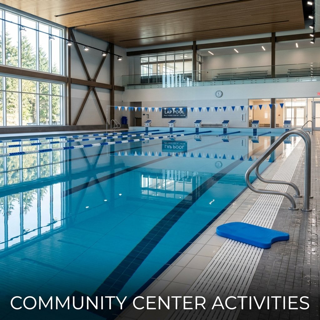 A splashing, indoor community swimming pool where a swimming instructor is guiding a line of kids kicking with foam kickboards.