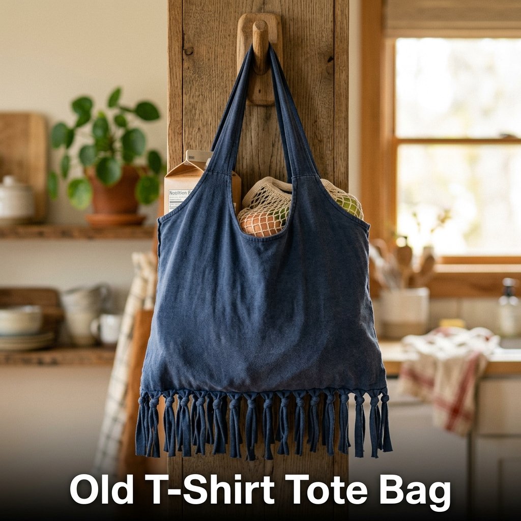 A bright blue cotton t-shirt transformed into a sturdy, no-sew market bag with a securely fringed and knotted bottom base
