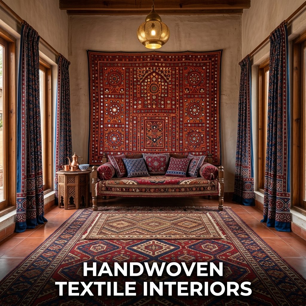A cozy traditional sitting area decorated with a deep red Kashmiri floor rug, block-printed ajrak curtains, and hand-embroidered Balochi mirror-work wall hangings