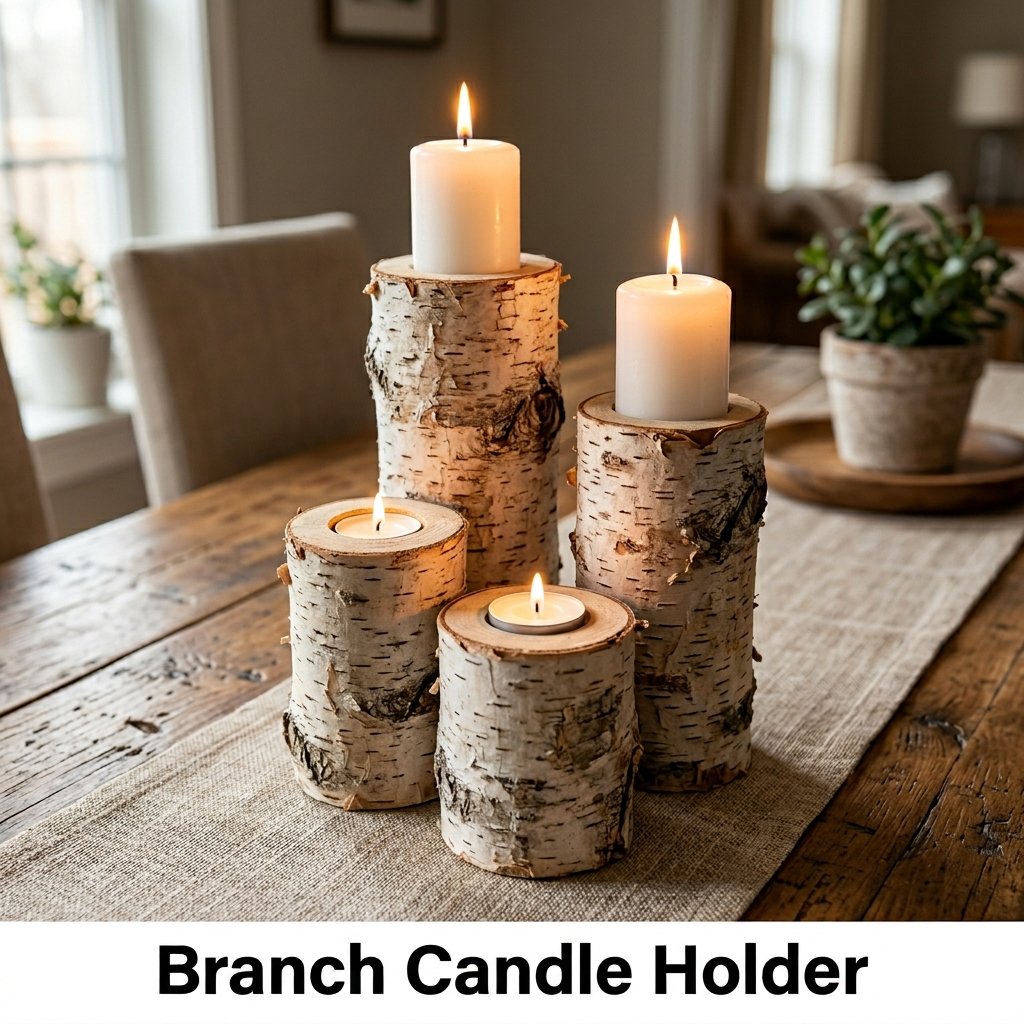 A trio of birch branch segments cut to staggered heights, each featuring a shallow top indent holding a glowing flameless LED tea light candle