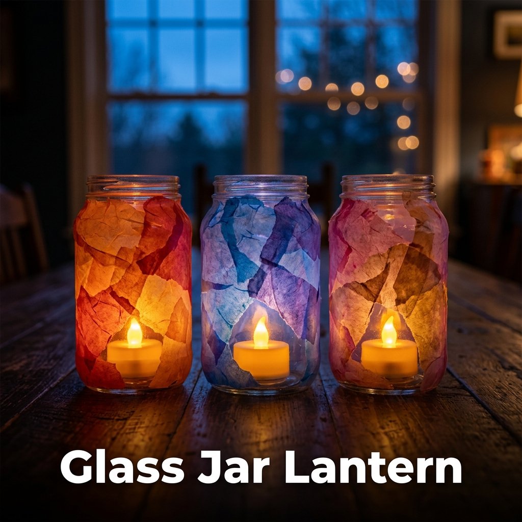 Three recycled glass pasta jars covered in overlapping pieces of translucent orange and yellow tissue paper, glowing softly with warm battery-operated LED tea lights inside