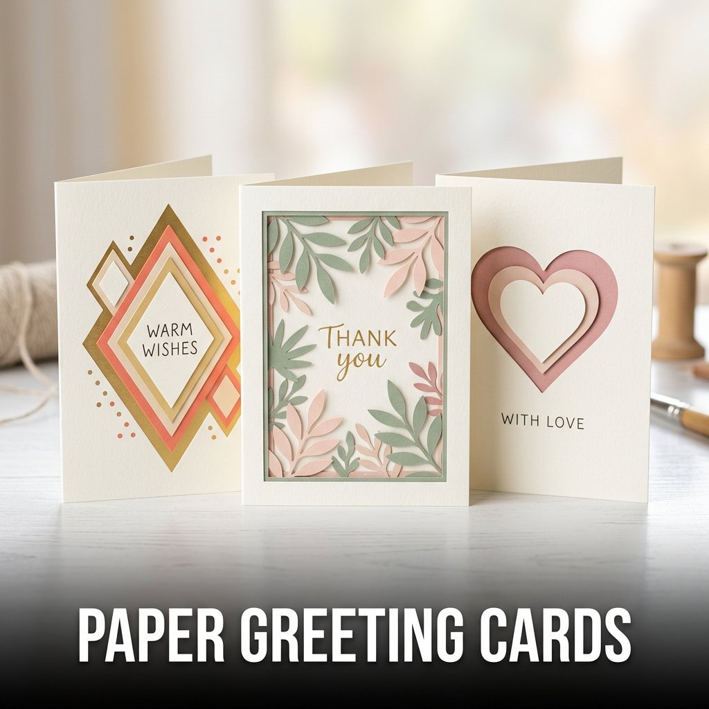 Handmade paper greeting cards with layered cardstock designs and colorful craft details
