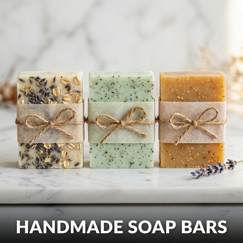 Two rustic bars of handmade oatmeal and lavender soap wrapped in textured parchment paper and tied with natural twine