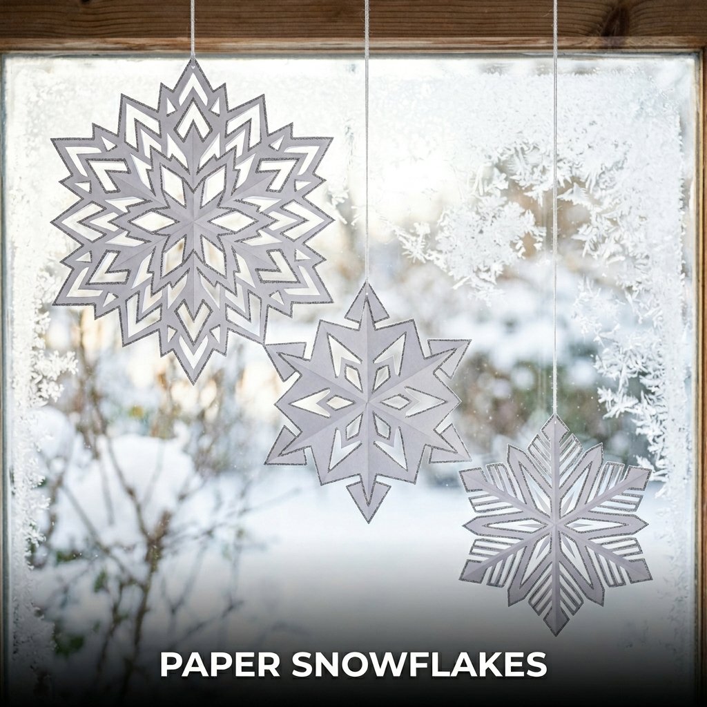A symmetrical white paper snowflake with intricate geometric cutouts displayed against a window