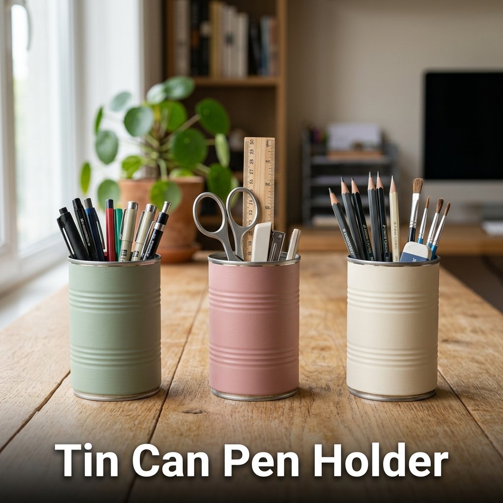 A trio of empty tin cans painted in pastel blue chalk paint, decorated with twine accents, and filled with colored pencils on a clean wooden desk
