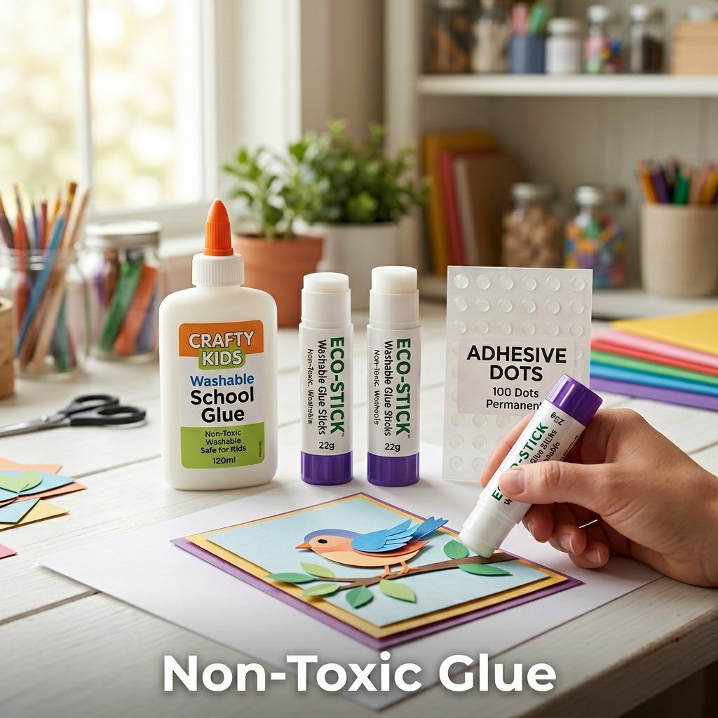 A row of easy-to-grip child-safe purple glue sticks next to a small, clean bottle of washable white liquid craft glue