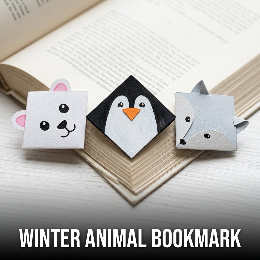 A white cardstock corner bookmark shaped like a polar bear's head, sliding over the edge of a book page