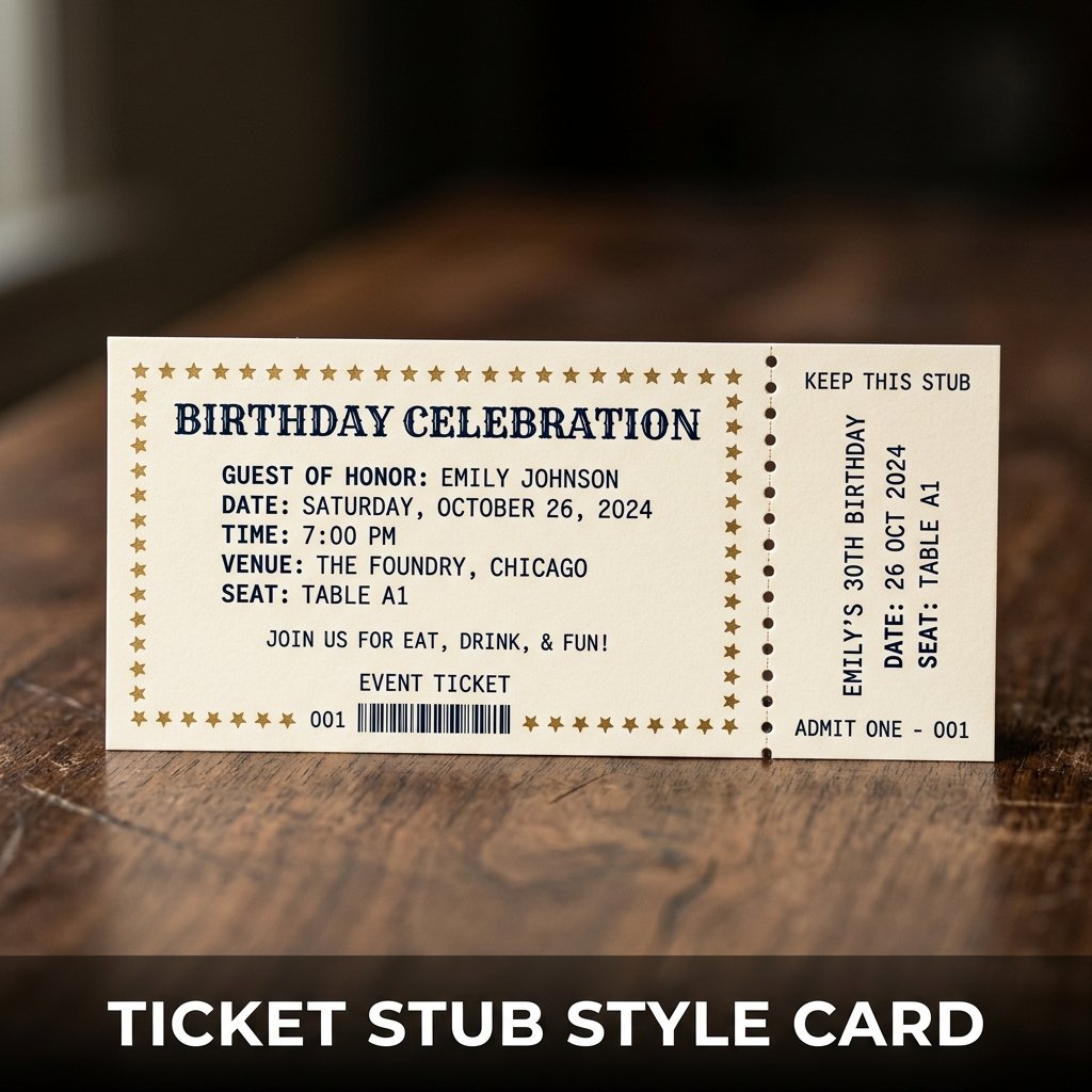 A clever horizontal card designed to look like a vintage concert ticket stub, complete with a punched perforation line and a birthday date as the event time
