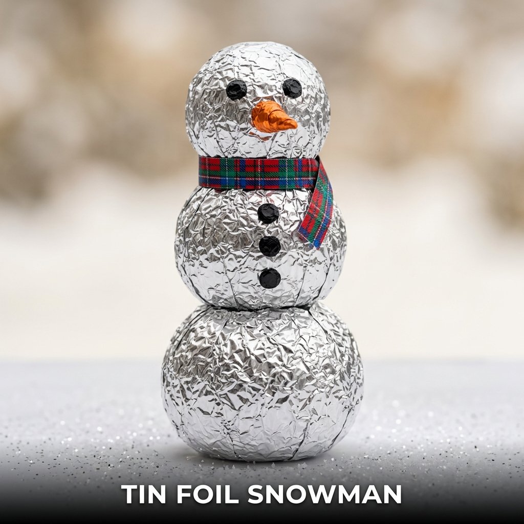 A shiny silver snowman made of three compressed aluminum foil balls stacked on top of each other