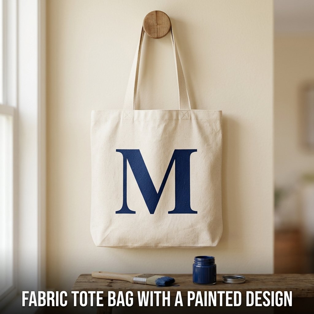 A minimalist cream canvas tote bag featuring a crisp stenciled geometric pattern painted in charcoal grey