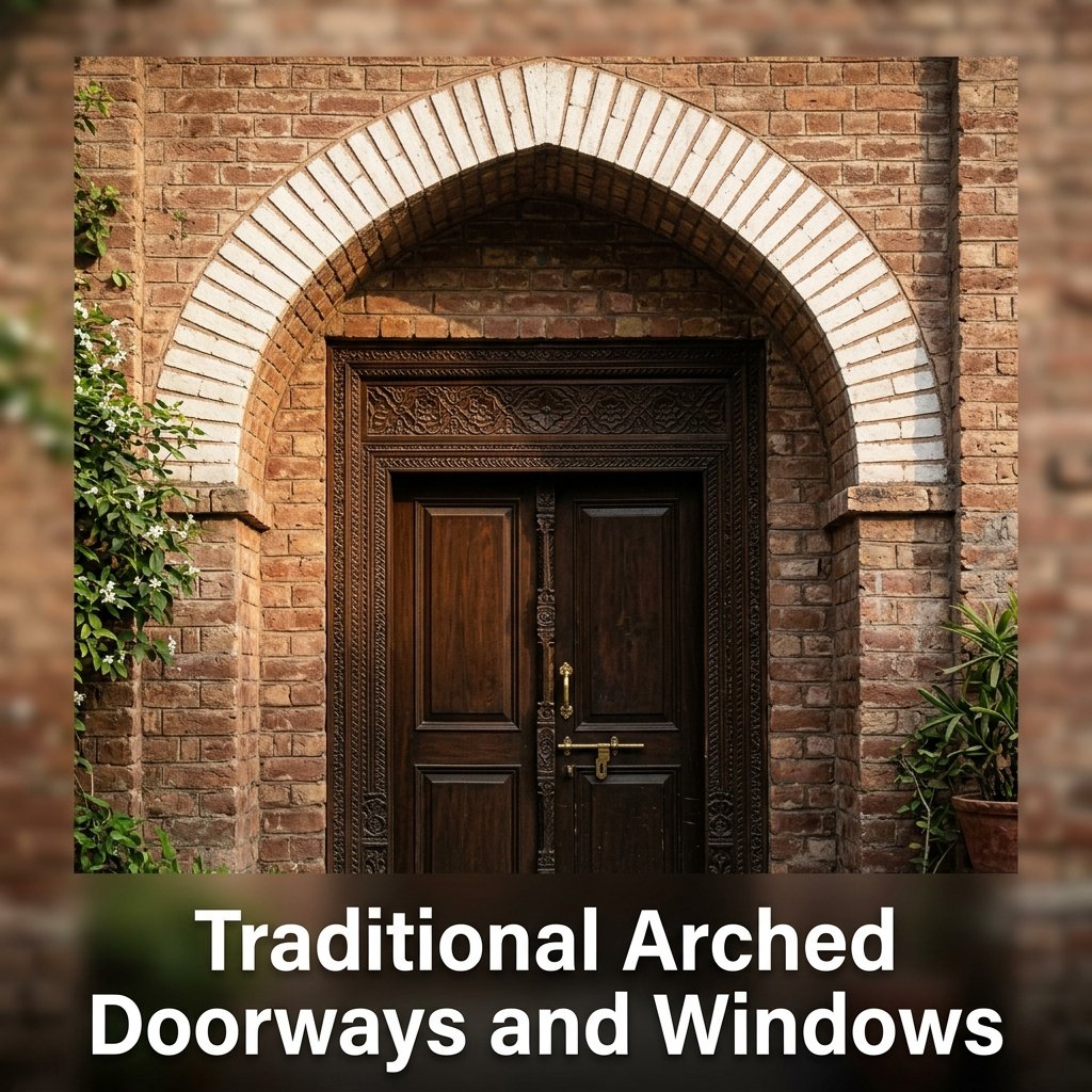 A grand residential hallway displaying a series of elegant, pointed brick arches built over solid timber doorways
