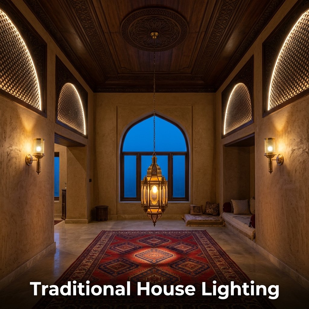 A moody, layered interior living room illuminated by antiqued brass oil-lamp style pendant fixtures and soft, warm LED strip lighting hidden behind decorative wooden valances
