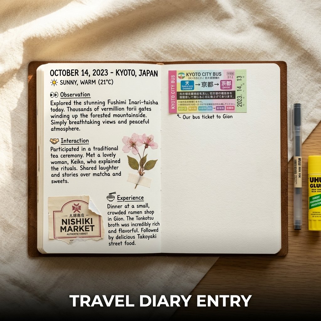 A dynamic travel journal page blending written holiday descriptions with an attached transit ticket stub and a small paper cafe receipt