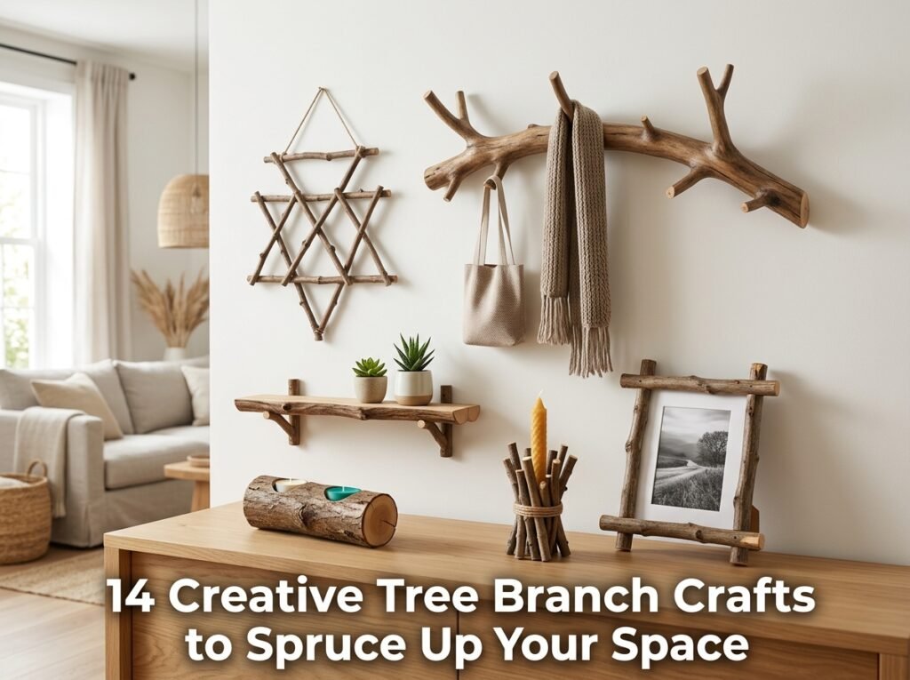 A cozy, modern room featuring a collection of unique, creative tree branch crafts, including a wall-mounted coat rack, a rustic hanging planter, and a minimalist twig photo frame.