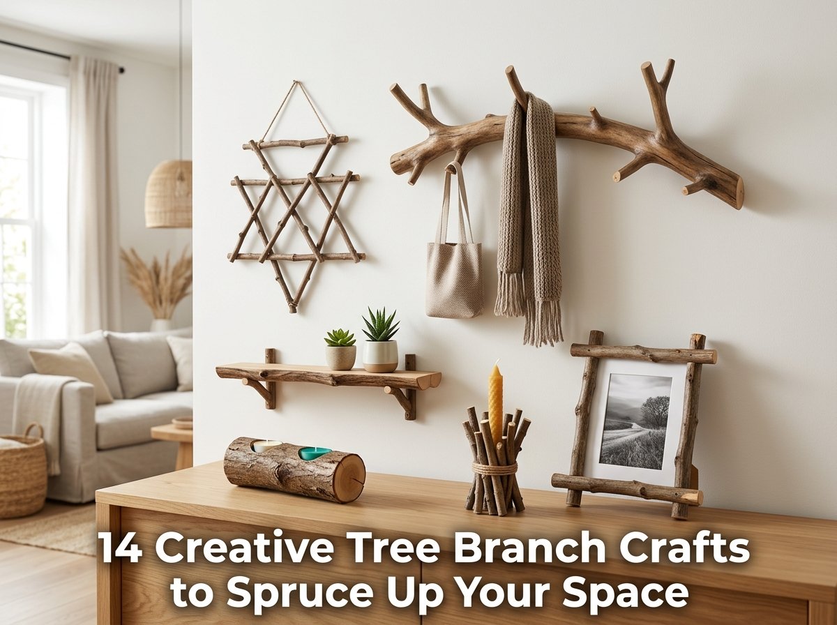 A cozy, modern room featuring a collection of unique, creative tree branch crafts, including a wall-mounted coat rack, a rustic hanging planter, and a minimalist twig photo frame.