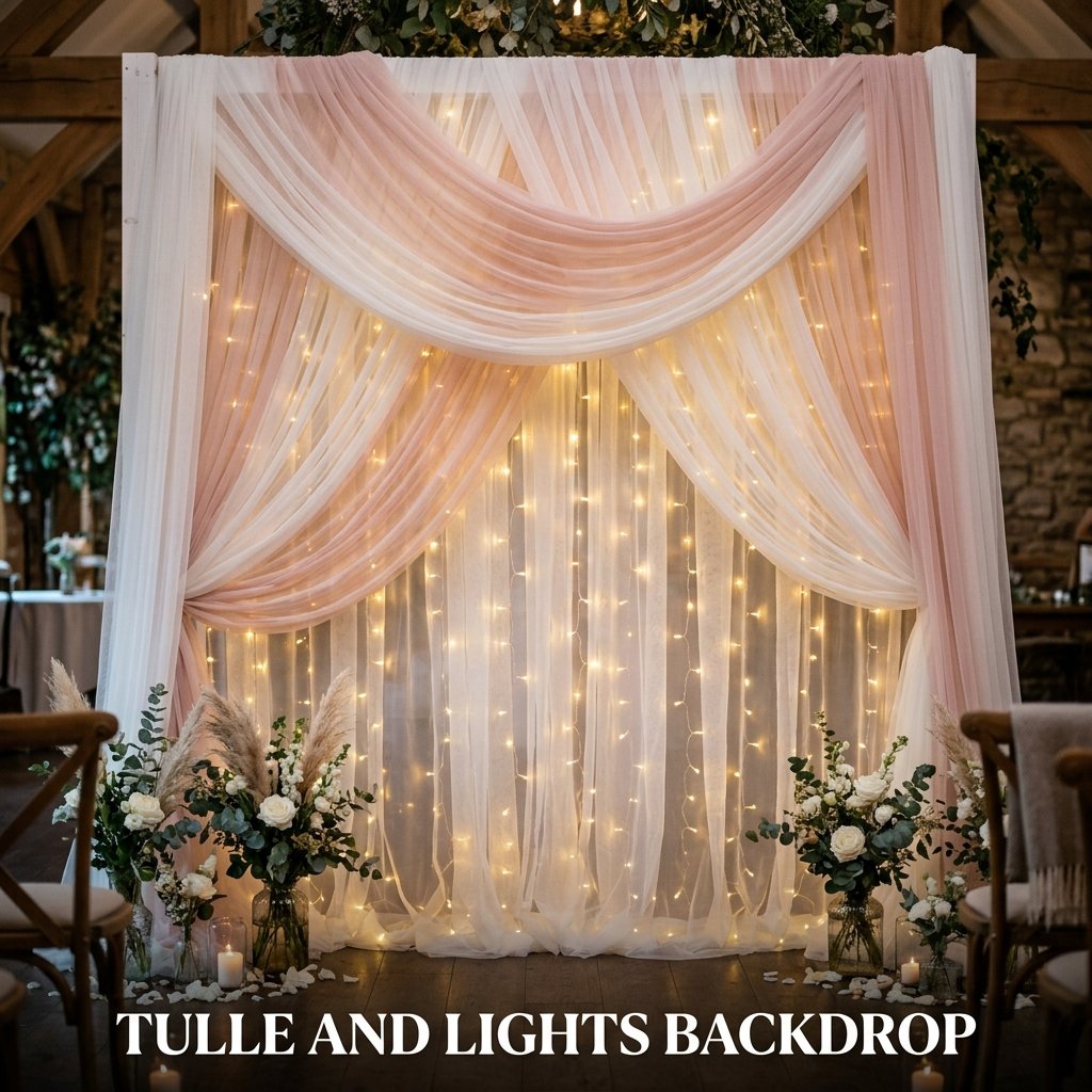Soft, ethereal white tulle panels gathered across a rod, diffusing the magical, blurry glow of warm white string lights layered directly behind them
