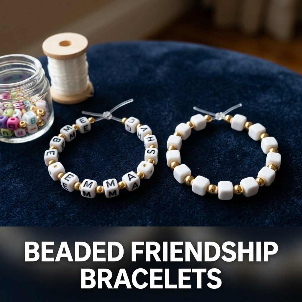 Two matching elastic bracelets made of colorful glass beads and square alphabet beads spelling out names