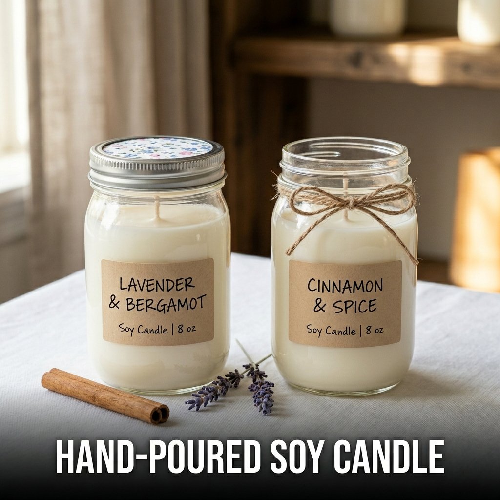 A homemade scented soy candle poured into a clear glass mason jar, topped with a floral fabric lid insert and tied neatly with raw jute twine.